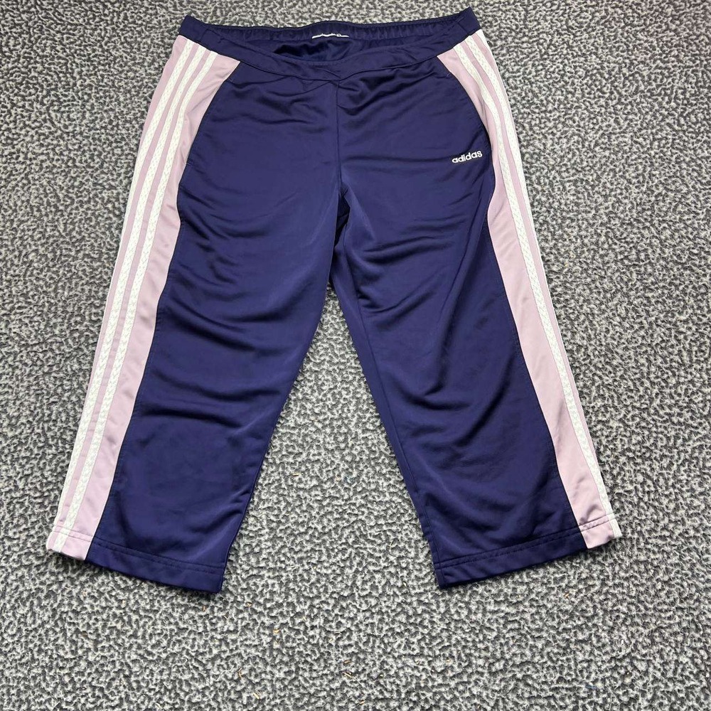 Adidas Track Pants Women 35x21 Purple 3-Stripe Cropped Athletic Capris